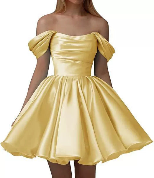 Home Coming Dress Off Shoulder Satin Cocktail Dress – Elegant Party & Prom Dress