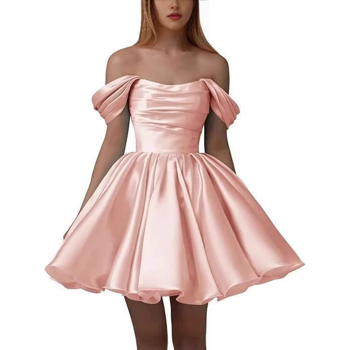 Home Coming Dress Off Shoulder Satin Cocktail Dress – Elegant Party & Prom Dress