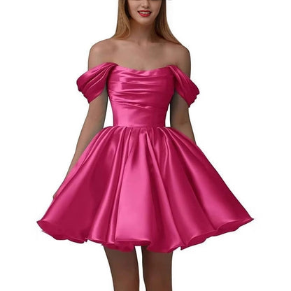 Home Coming Dress Off Shoulder Satin Cocktail Dress – Elegant Party & Prom Dress