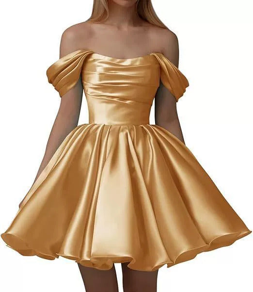 Home Coming Dress Off Shoulder Satin Cocktail Dress – Elegant Party & Prom Dress