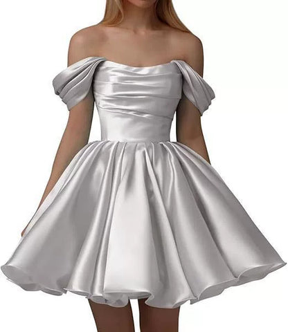 Home Coming Dress Off Shoulder Satin Cocktail Dress – Elegant Party & Prom Dress
