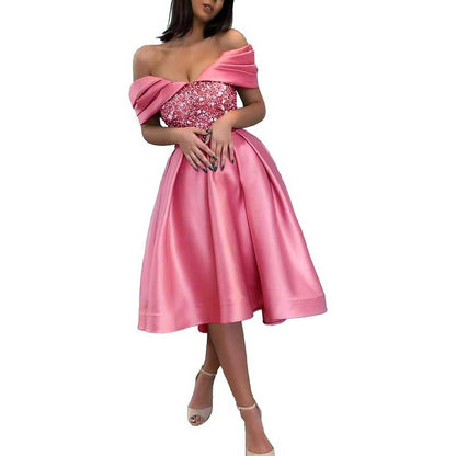 Off Shoulder Sequin Satin Prom Dresses A-Line Homecoming Dresses Bridesmaid Dress