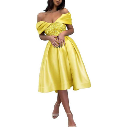 Off Shoulder Sequin Satin Prom Dresses A-Line Homecoming Dresses Bridesmaid Dress