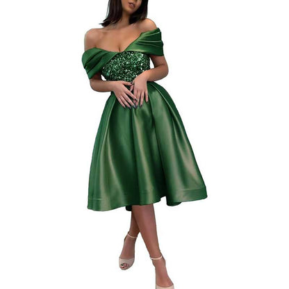 Off Shoulder Sequin Satin Prom Dresses A-Line Homecoming Dresses Bridesmaid Dress
