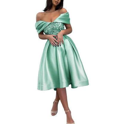 Off Shoulder Sequin Satin Prom Dresses A-Line Homecoming Dresses Bridesmaid Dress