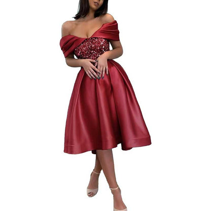 Off Shoulder Sequin Satin Prom Dresses A-Line Homecoming Dresses Bridesmaid Dress
