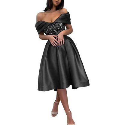 Off Shoulder Sequin Satin Prom Dresses A-Line Homecoming Dresses Bridesmaid Dress