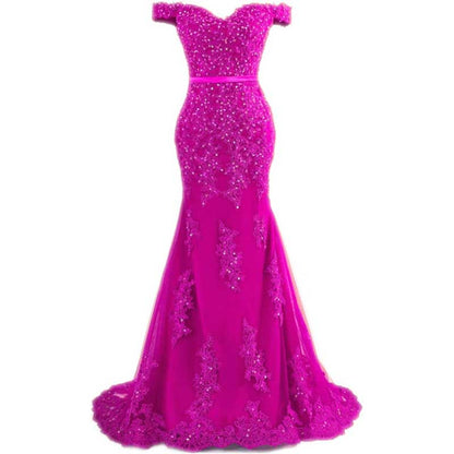 Off The Shoulder Lace Appliques Evening Dresses Mermaid Long Prom Gown