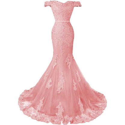 Off The Shoulder Lace Appliques Evening Dresses Mermaid Long Prom Gown