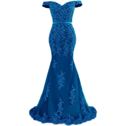 Off The Shoulder Lace Appliques Evening Dresses Mermaid Long Prom Gown