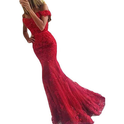 Off The Shoulder Lace Appliques Evening Dresses Mermaid Long Prom Gown