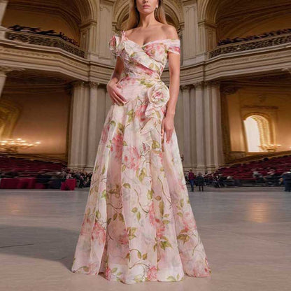 Off The Shoulder Organza Floral Gown Dress