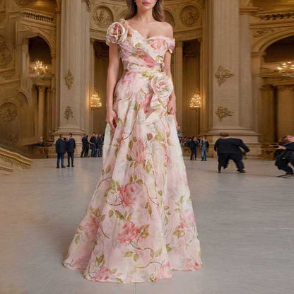 Off The Shoulder Organza Floral Gown Dress