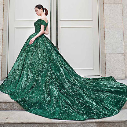 Off The Shoulder Sparkly Wedding Dresses For Dride Suede Sequined Ball Gowns