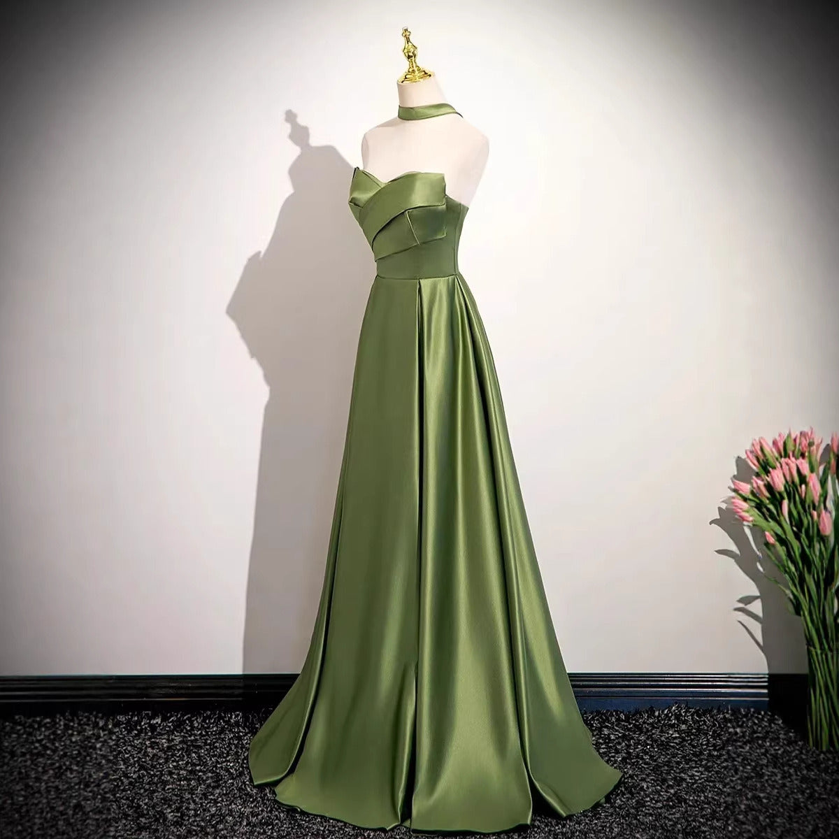 Olive Green Satin Corset Gown | Off-Shoulder Formal Dress with Detachable Neck Scarf Evening Gown