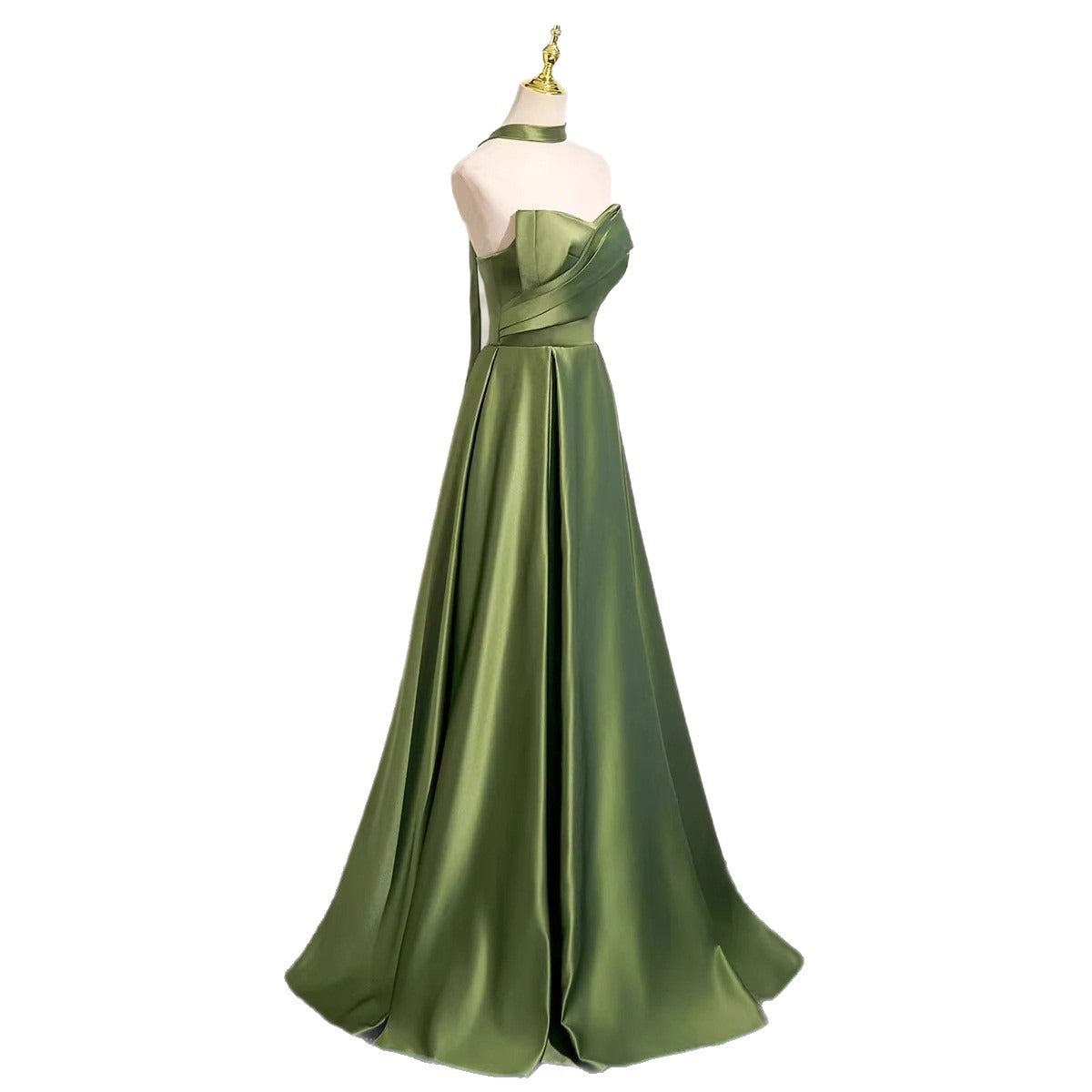 Olive Green Satin Corset Gown | Off-Shoulder Formal Dress with Detachable Neck Scarf Evening Gown