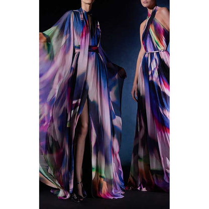 Ombre Printed Cape Gown in Purple Long Dress