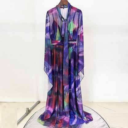 Ombre Printed Cape Gown in Purple Long Dress