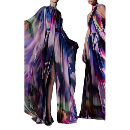 Ombre Printed Cape Gown in Purple Long Dress
