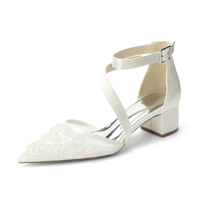 One-Cross Chunky Heel Lace Wedding Shoes