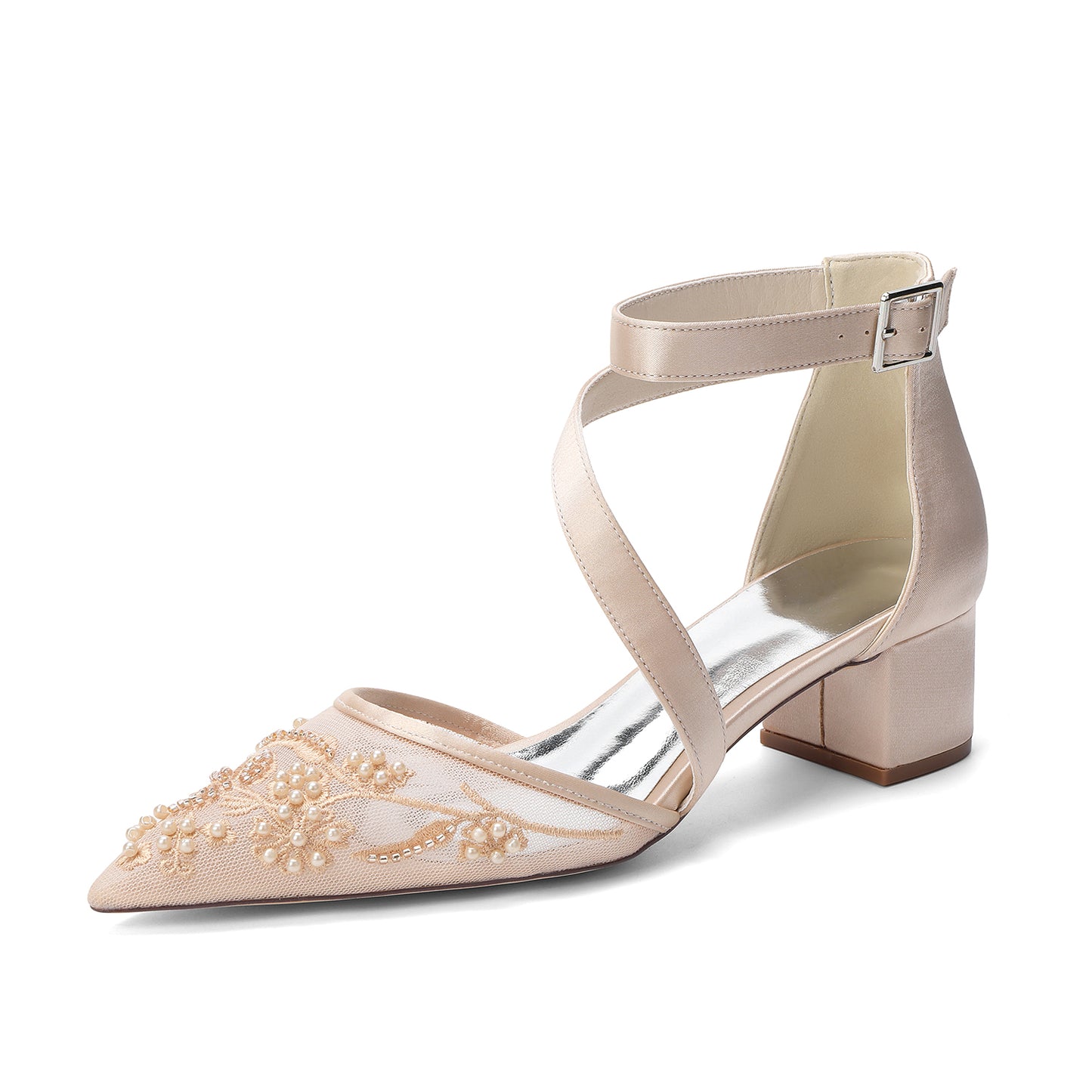 One-Cross Chunky Heel Lace Wedding Shoes