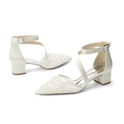 One-Cross Chunky Heel Lace Wedding Shoes