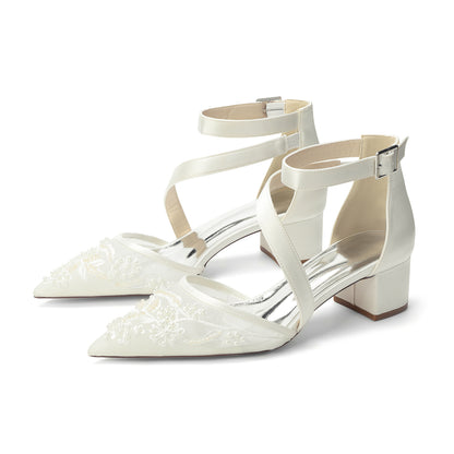 One-Cross Chunky Heel Lace Wedding Shoes
