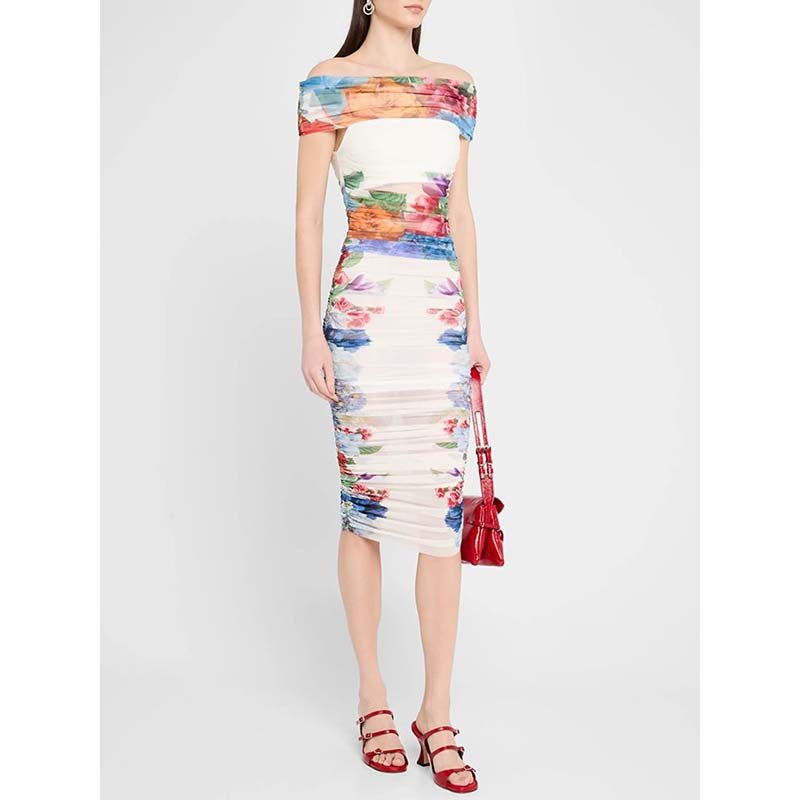 One-Shoulder Mesh Floral Elastic Skirt Suit For Women