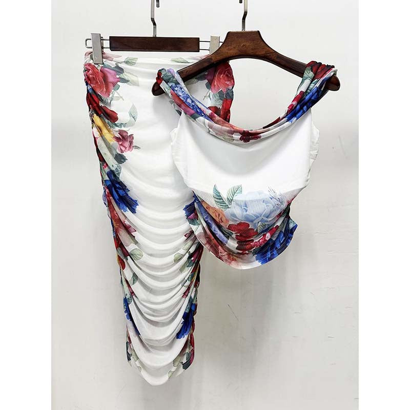One-Shoulder Mesh Floral Elastic Skirt Suit For Women