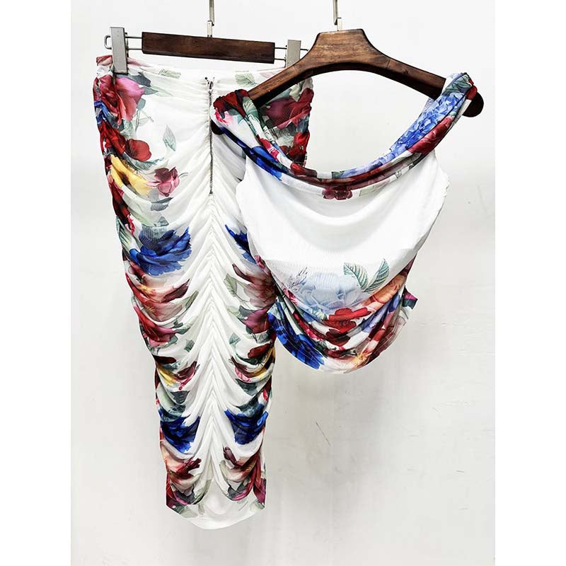 One-Shoulder Mesh Floral Elastic Skirt Suit For Women