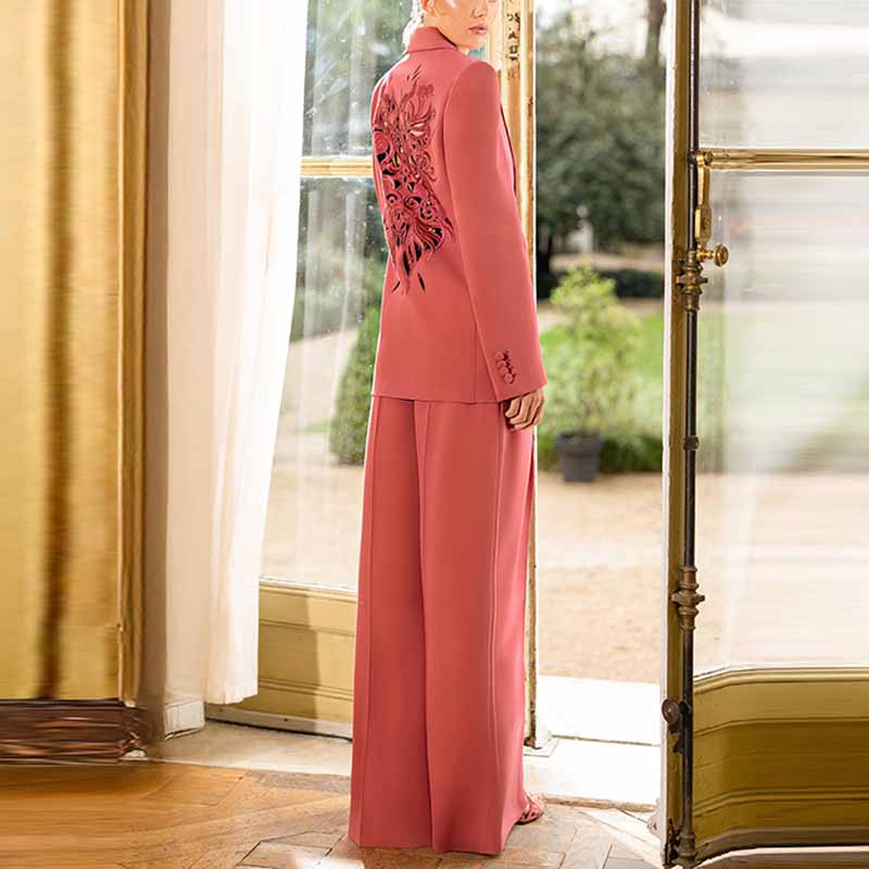 One Button Coral Pantsuit Back Hollow Out Embroidered Formal Suit