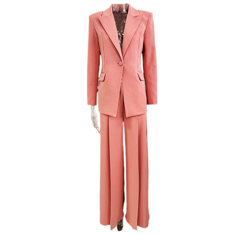 One Button Coral Pantsuit Back Hollow Out Embroidered Formal Suit