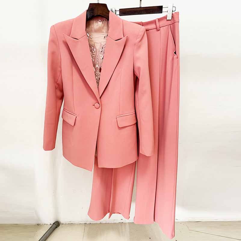 One Button Coral Pantsuit Back Hollow Out Embroidered Formal Suit