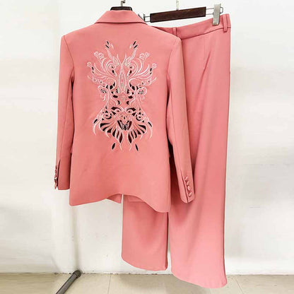 One Button Coral Pantsuit Back Hollow Out Embroidered Formal Suit