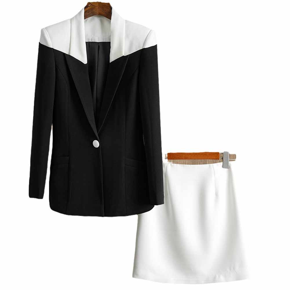 One Button Two-Tone Mini Skirt Suit Black And White Suit