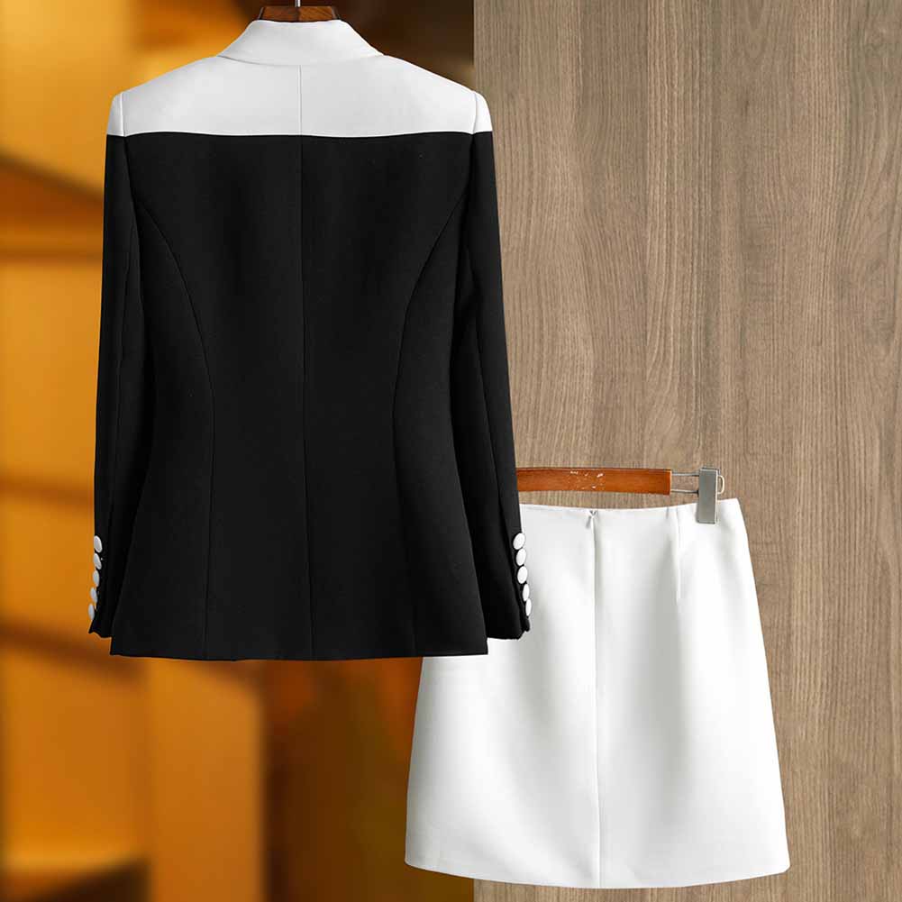 One Button Two-Tone Mini Skirt Suit Black And White Suit