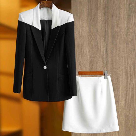 One Button Two-Tone Mini Skirt Suit Black And White Suit