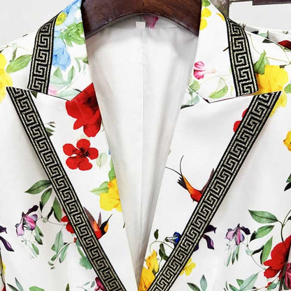 One Button White Floral Printed Suit Fitted Blazer Suit Pants Suit