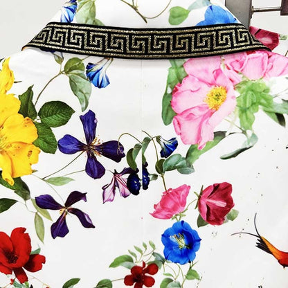 One Button White Floral Printed Suit Fitted Blazer Suit Pants Suit