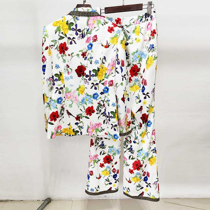 One Button White Floral Printed Suit Fitted Blazer Suit Pants Suit