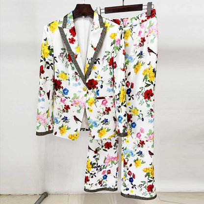 One Button White Floral Printed Suit Fitted Blazer Suit Pants Suit