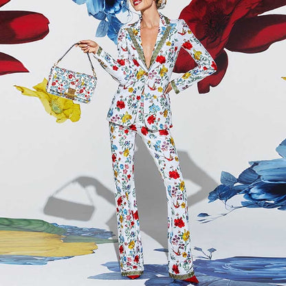 One Button White Floral Printed Suit Fitted Blazer Suit Pants Suit
