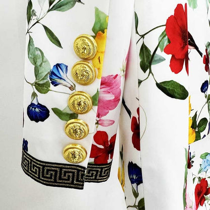 One Button White Floral Printed Suit Fitted Blazer Suit Pants Suit