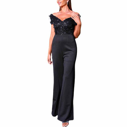 One Piece Suit Black Off-The-Shoulder Sequin Jumpsuit Flare Bottoms Romper