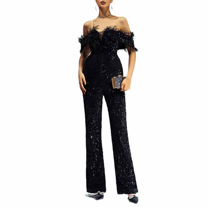 One Piece Suit Tassels Black Off-The-Shoulder Jumpsuit Sequin Romper