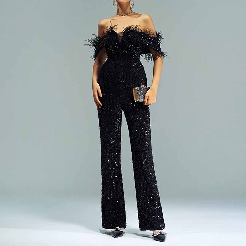 One Piece Suit Tassels Black Off-The-Shoulder Jumpsuit Sequin Romper