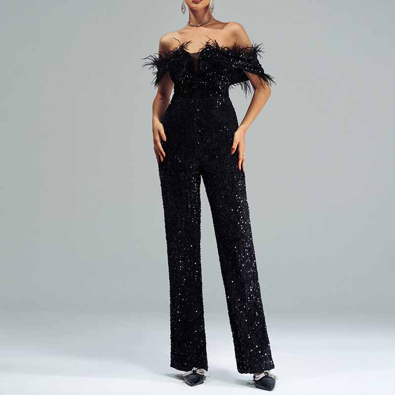 One Piece Suit Tassels Black Off-The-Shoulder Jumpsuit Sequin Romper