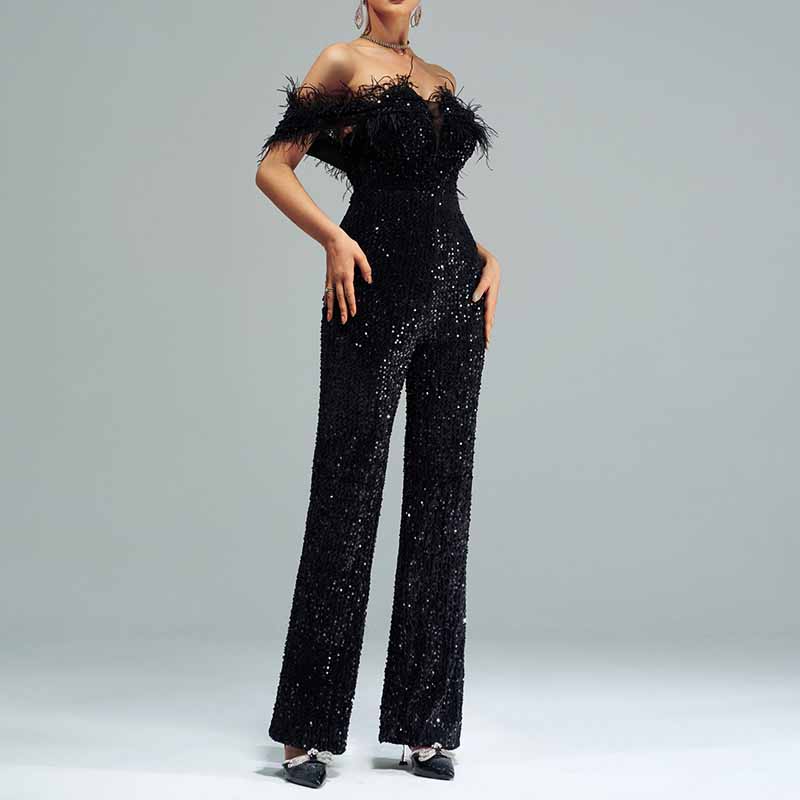 One Piece Suit Tassels Black Off-The-Shoulder Jumpsuit Sequin Romper