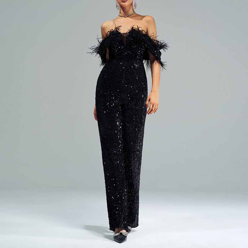 One Piece Suit Tassels Black Off-The-Shoulder Jumpsuit Sequin Romper