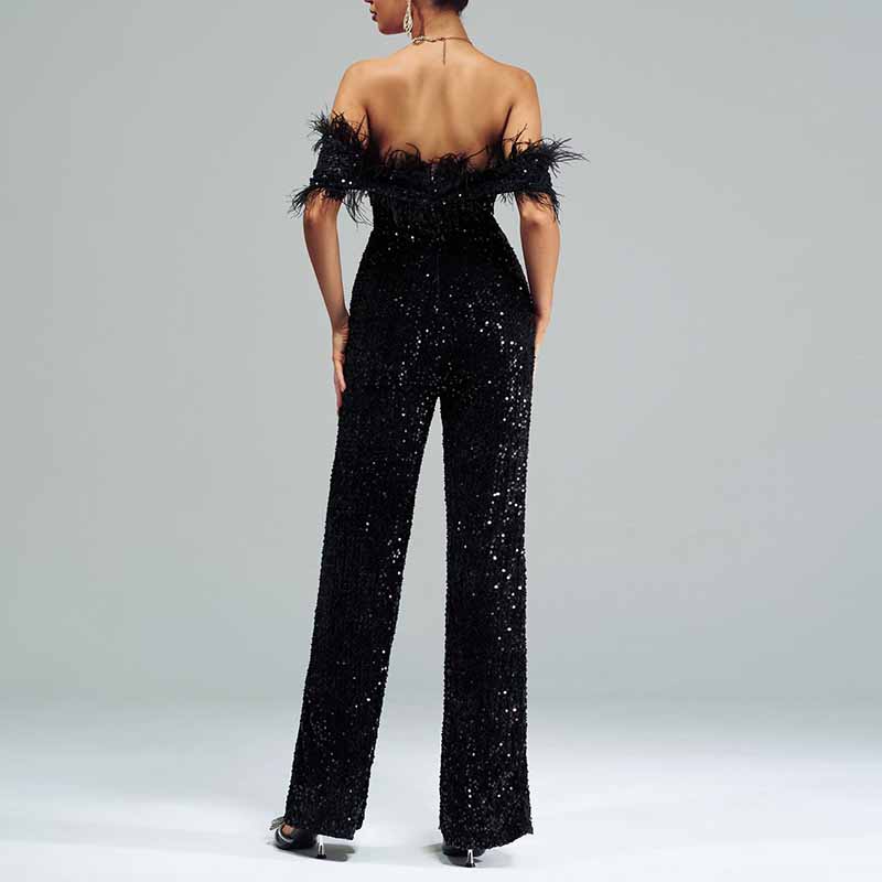 One Piece Suit Tassels Black Off-The-Shoulder Jumpsuit Sequin Romper